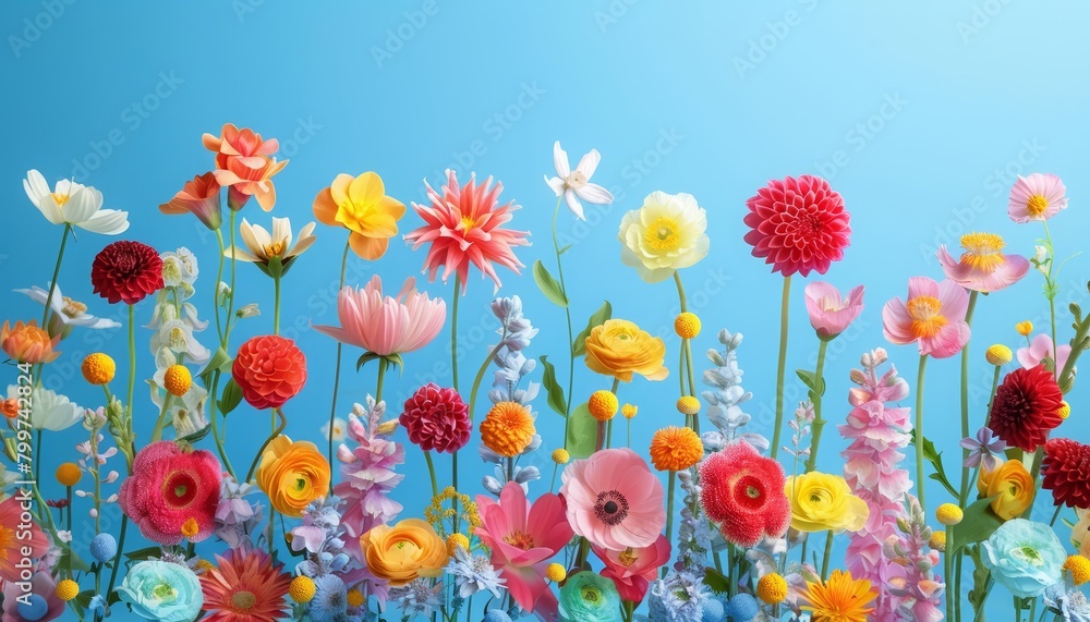 A vibrant array of colorful flowers creates a captivating visual at the minimal scene for product display background