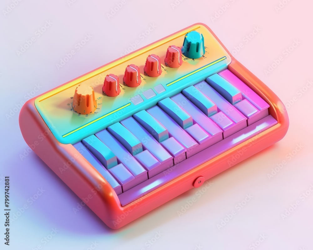 A 3D render of a compact, designforward MIDI controller, perfect for cute, portable music production, is displayed in vibrant neon, Sharpen isolated on white background A 3D render of a compact, designforward MIDI controller, perfect for cute, portable music production, is displayed in vibrant neon, Sharpen isolated on white background