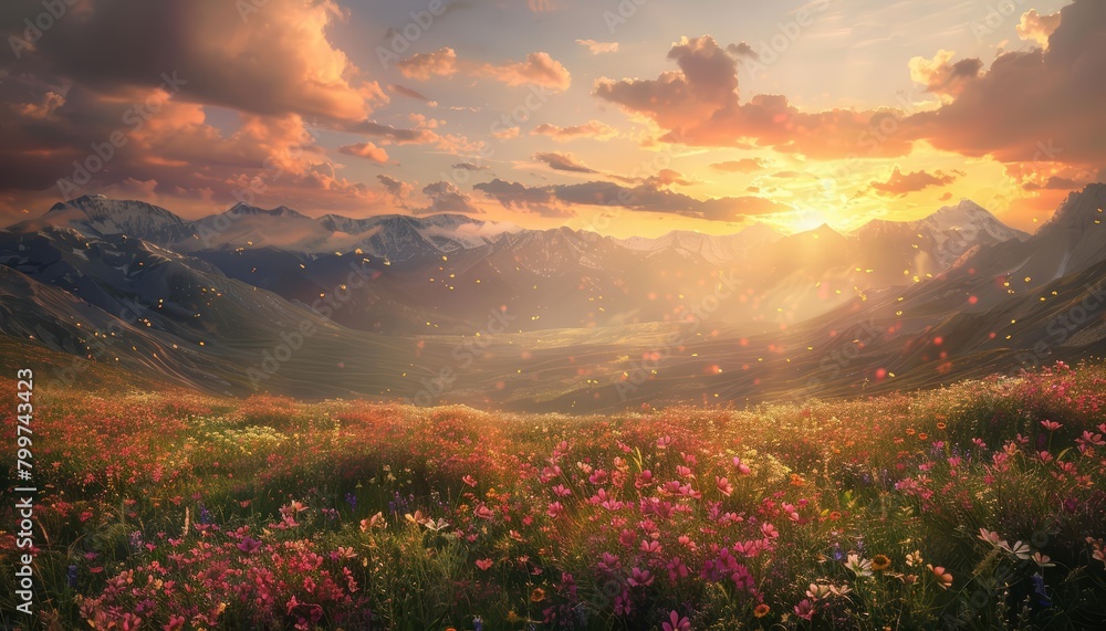 A mountain landscape, dotted with wildflowers, reaches towards a sky filled with fluffy clouds at sunset, Sharpen realistic cinematic color high detail landscape background