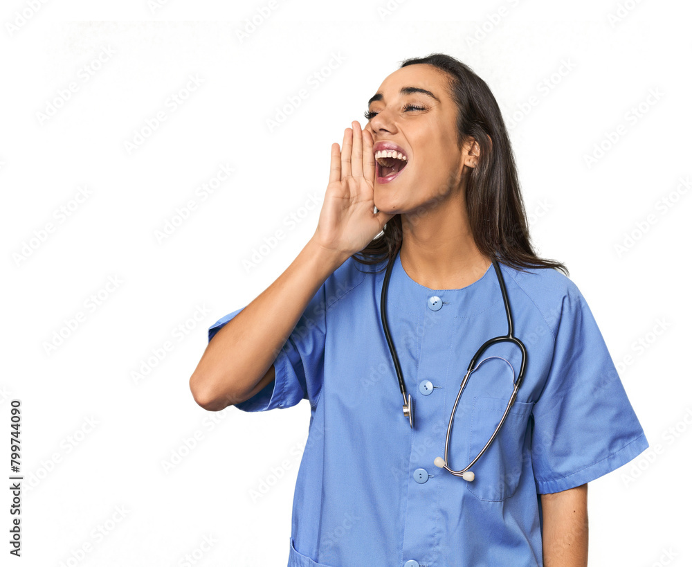 Hispanic nurse in uniform with stethoscope shouting and holding palm near opened mouth. Hispanic nurse in uniform with stethoscope shouting and holding palm near opened mouth.