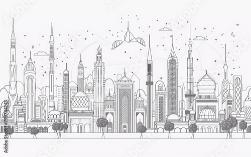 Abu Dhabi city linear banner. All buildings - customize different objects with background fill