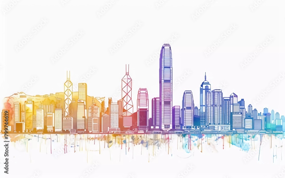 Hong Kong city colored gradient lines. All buildings in Hong Kong - objects that can be adjusted with an opacity mask Hong Kong city colored gradient lines. All buildings in Hong Kong - objects that can be adjusted with an opacity mask