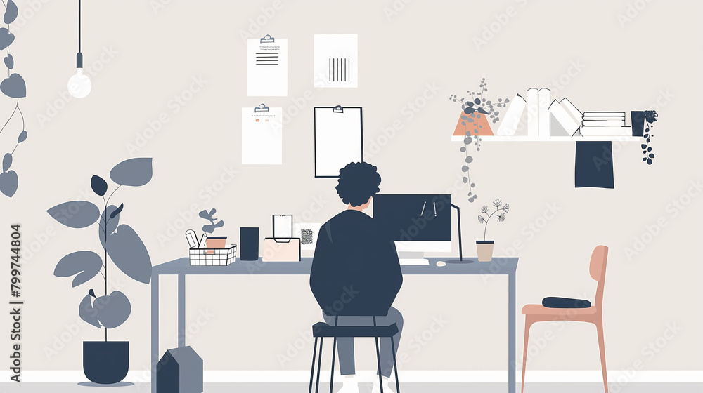 Fototapeta premium A serene illustration of a man focused on his work at home with a minimalist and tidy desk setup