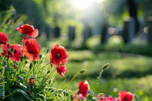 Poppy flower in a summer flower field on cemetery. Memorial day
