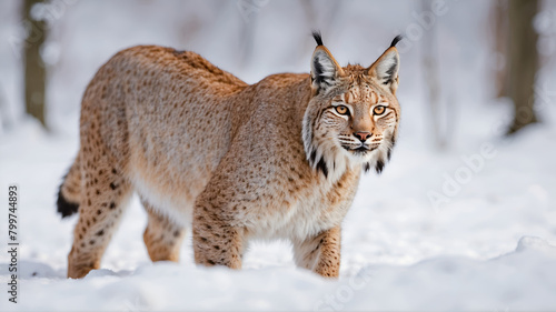 Portrait of Lynx walking through snowy field 