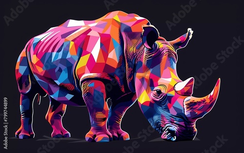 rhino drawn using WPAP art style  isolated black background  pop art  vector illustration. 