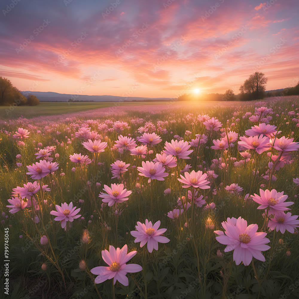 Springtime sunset bathes pink wildflowers in warm light. Dreamy field of blooms in pastel hues