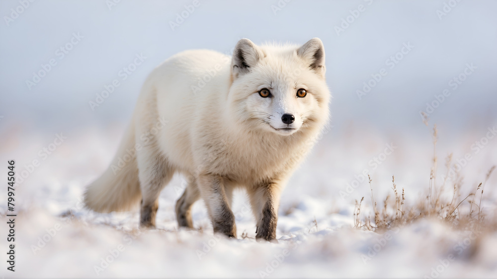 Portrait of Arctic fox walking through snowy field 