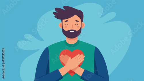 A mans hand resting on his heart a gesture of gratitude for the love and joy he feels in his life..