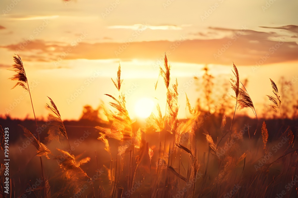 A field of tall grasses at sunset