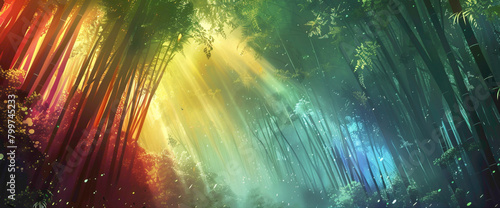 A serene bamboo forest alive with the colors of the rnbow, where shafts of sunlight pierce through the canopy, creating a magical ambiance. photo