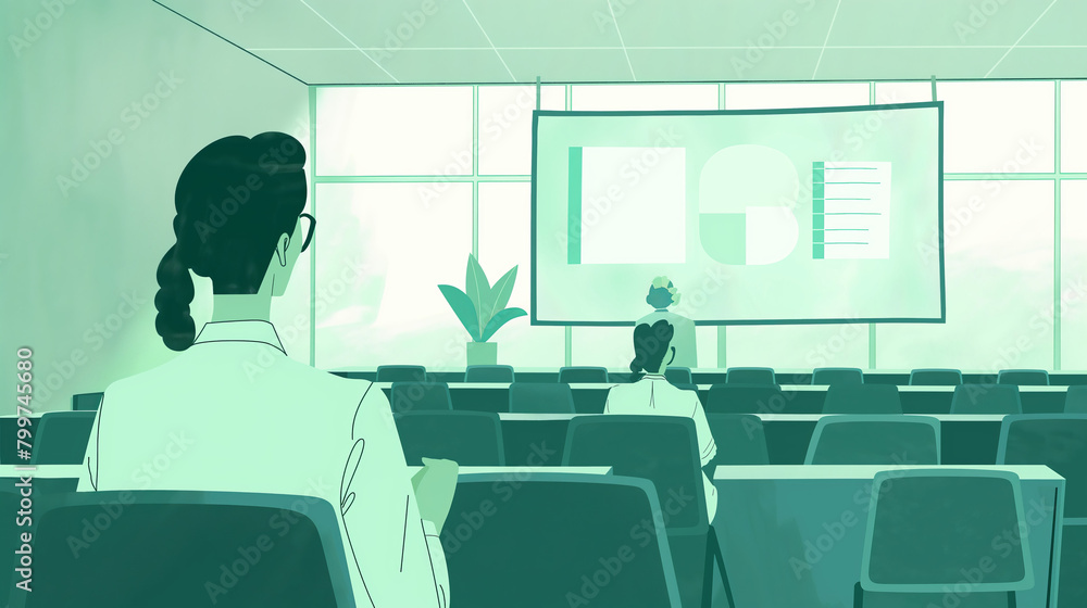 An illustration of a professional female presenting in a lecture hall equipped with a projector screen An illustration of a professional female presenting in a lecture hall equipped with a projector screen
