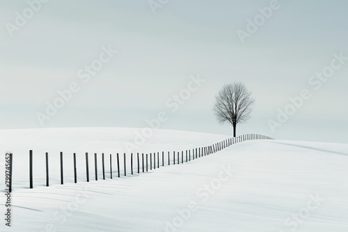 A minimalist winter landscape featuring a vast expanse of snow-covered fields stretching to the horizon, with the uniform blanket of snow interrupted 