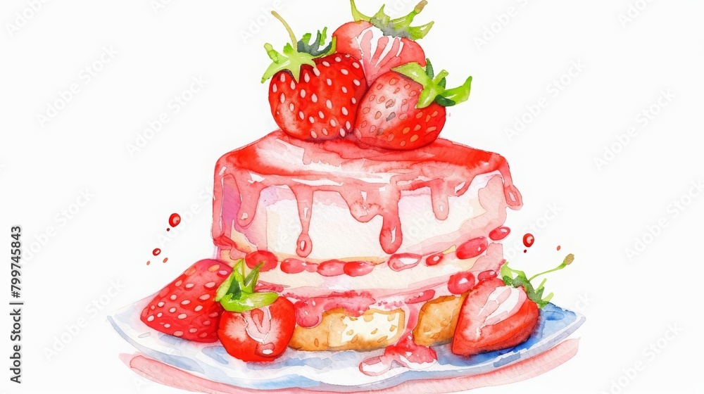 A watercolor painting of a cute, kawaii strawberry shortcake, layered and light, isolated on white background A watercolor painting of a cute, kawaii strawberry shortcake, layered and light, isolated on white background