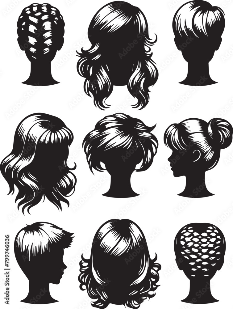 Vector lady hairdo silhouette set, black. Illustration hairstyles for females of diverse themes Vector lady hairdo silhouette set, black. Illustration hairstyles for females of diverse themes