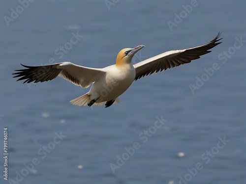 Flying Northern gannet Mores Bassano’s with nesting. Generative AI © Azadur
