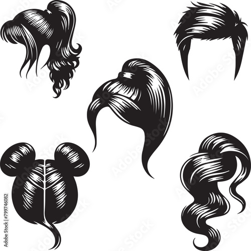 Vector lady hairdo silhouette set, black. Illustration hairstyles for females of diverse themes