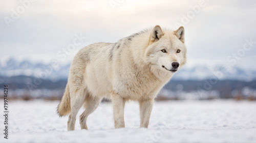 Arctic wolf in snowy field 