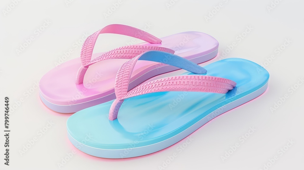 Envision a 3D render of cute, kawaiistyle flip flops that combine comfort with a splash of neon for the perfect summer vibe, Sharpen isolated on white background Envision a 3D render of cute, kawaiistyle flip flops that combine comfort with a splash of neon for the perfect summer vibe, Sharpen isolated on white background