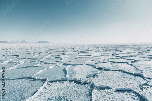 Vast expanse of salt flats, with their cracked and textured surface forming intricate patterns that stretch to the distant horizon