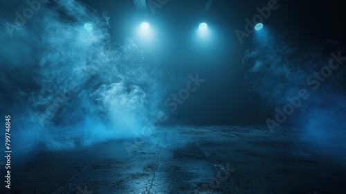 concept of dark blue background, empty dark scene, neon lights, spotlights Asphalt floor and studio room.