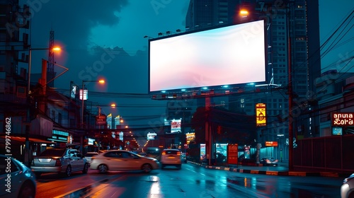 Blank white road billboard with KL cityscape background at night time. Street advertising poster, mock up, 3D rendering. Side view Ai generated 
