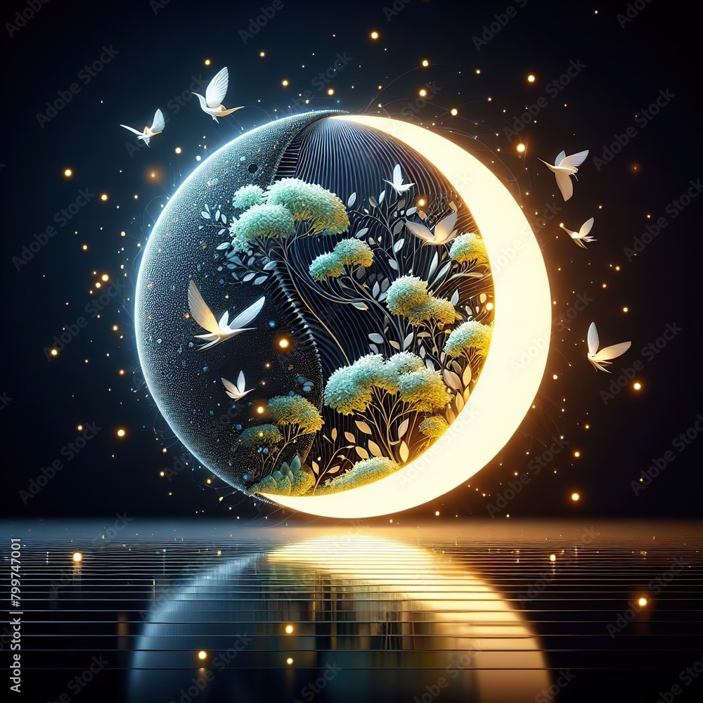 Naklejka premium The Sun-Moon Mirage: A 3D Abstract Illusion