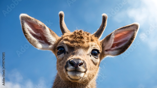 Low angle view of deer cub looking at camara against blue sky  © VISHNU