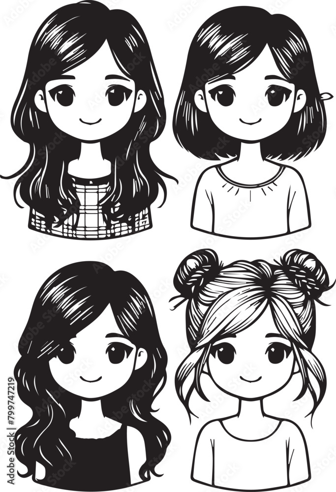 Vector lady hairdo silhouette set, black. Illustration hairstyles for females of diverse themes Vector lady hairdo silhouette set, black. Illustration hairstyles for females of diverse themes
