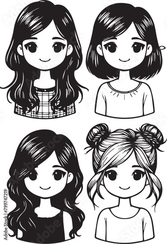 Vector lady hairdo silhouette set, black. Illustration hairstyles for females of diverse themes