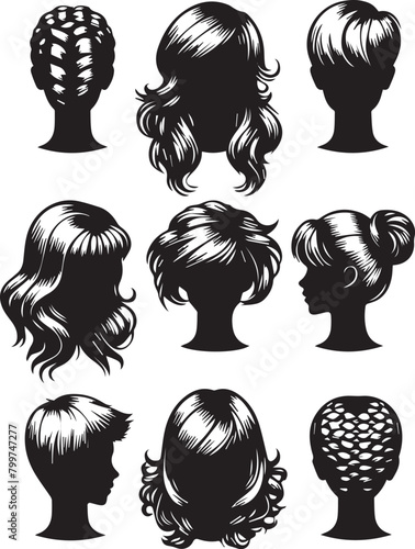 Vector lady hairdo silhouette set, black. Illustration hairstyles for females of diverse themes photo