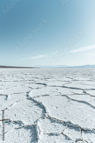 Vast expanse of salt flats  with their cracked and textured surface forming intricate patterns that stretch to the distant horizon