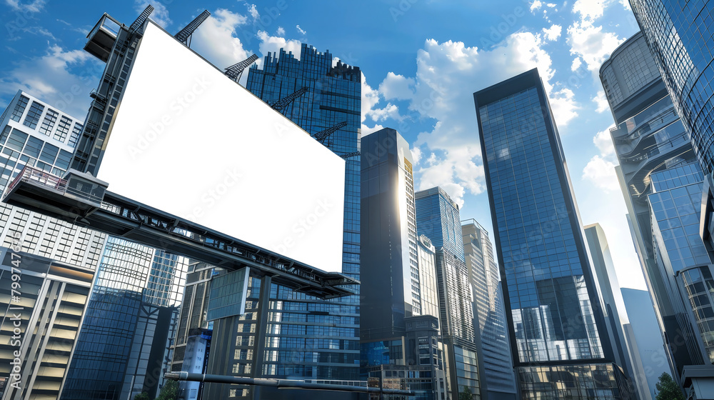 A billboard stands prominently in the bustling cityscape, showcasing an advertisement in a mockup design A billboard stands prominently in the bustling cityscape, showcasing an advertisement in a mockup design