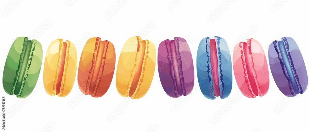Here is a minimal depiction of a set of colorful macarons, so cute and perfectly aligned, isolated on white background Here is a minimal depiction of a set of colorful macarons, so cute and perfectly aligned, isolated on white background