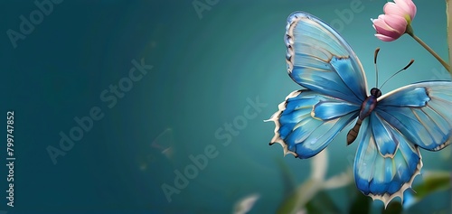 The blue floral design on the tropical orchid background captures the beauty of spring and summer with water droplets glistening on the leaves and butterflies dancing among the white flower © MDSAYDUL