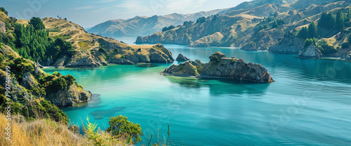 A serene teal-colored bay embraced by rolling hills, its tranquil waters reflecting the peacefulness of the surrounding landscape. photo