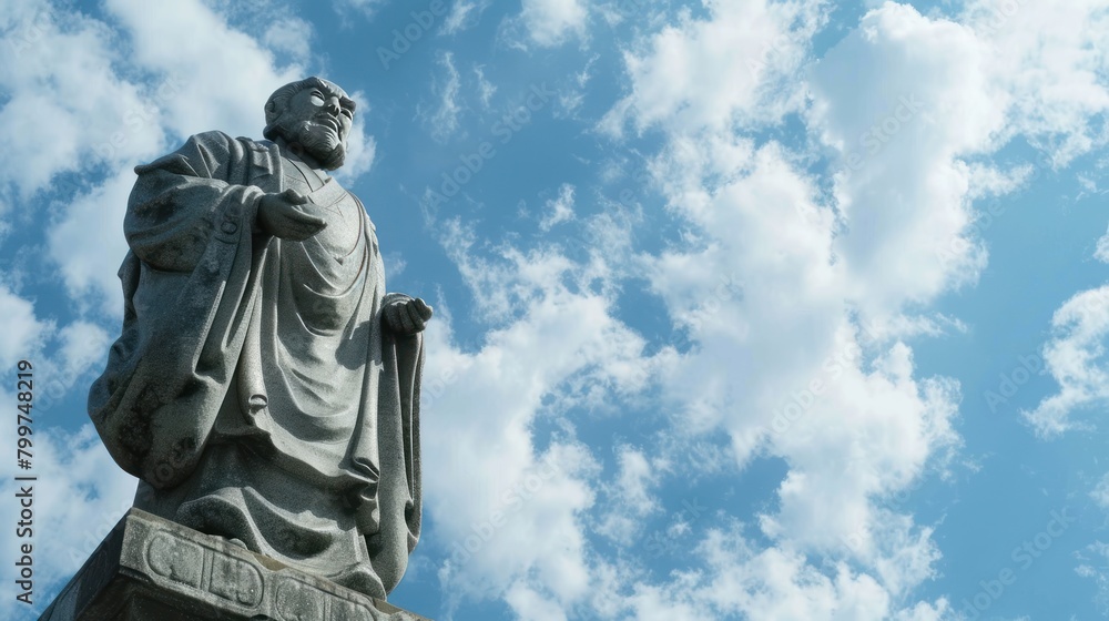Lower angle view of a statue of a scholar against a bright blue sky background.AI generated image.
