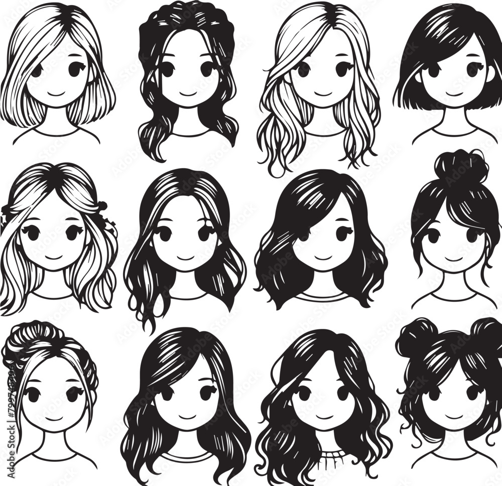 Vector lady hairdo silhouette set, black. Illustration hairstyles for females of diverse themes Vector lady hairdo silhouette set, black. Illustration hairstyles for females of diverse themes