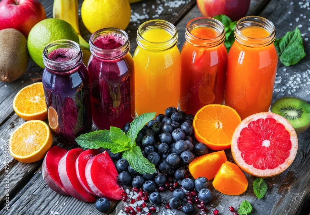 Assorted Fresh Fruit Juices Served With Citrus Slices and Berries on a Dark Surface Assorted Fresh Fruit Juices Served With Citrus Slices and Berries on a Dark Surface