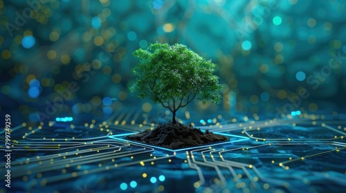 Trees grow at the converging points of computer circuit boards. Blue light network background and wireframe.AI generated image.