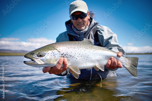 A man gracefully holds a fish in the water, shining scales reflecting the sunlight as they move in harmony