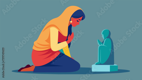 A woman kneeling in prayer at the foot of a small memorial statue her head bowed in reverence as she remembers the struggles and triumphs of her. Vector illustration
