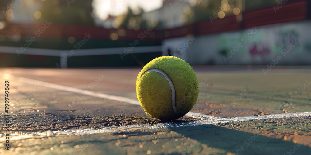   Tennis ball on the court line, early morning light , A tennis ball is floating on a tennis court with an overhead. Tennis ball lying on white line on hard court under sunlight 

