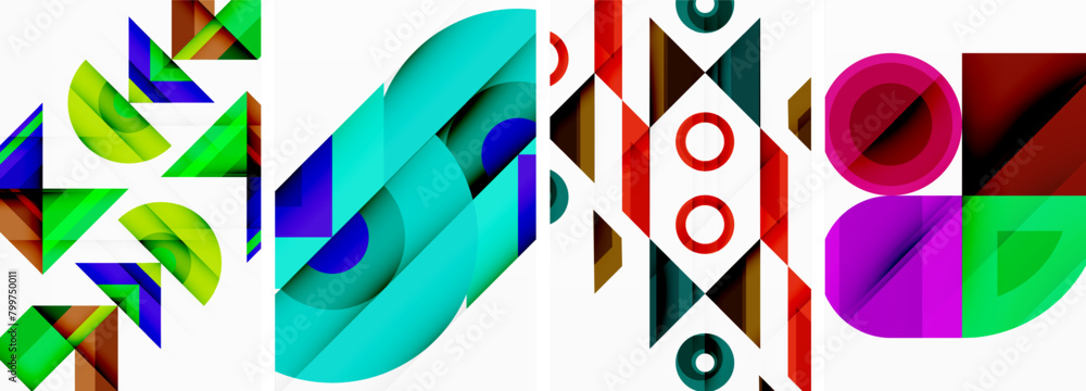A vibrant display of geometric shapes rectangles, triangles, and circles in electric blue and magenta hues, creating a symmetrical art pattern with tints and shades on a white background