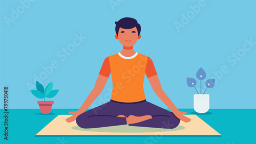 A student sitting crosslegged on a yoga mat focusing on their breath and practicing various poses to release tension and find inner peace.. Vector illustration