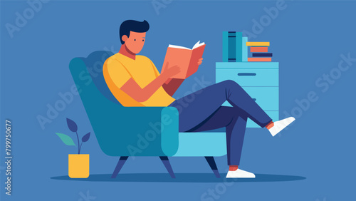 A man settles into a recliner with a good book and a warm cup of tea using reading as a form of escape and relaxation from the chaos of everyday life..
