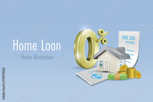 Home loan, mortgage refinance concept. House with zero percent interest fee offer on approved home loan application paper. Banking, financial loan campaign. 3D vector.	
