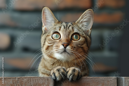 Bengal cat in light brown and cream looking indignant with paws at sides photo