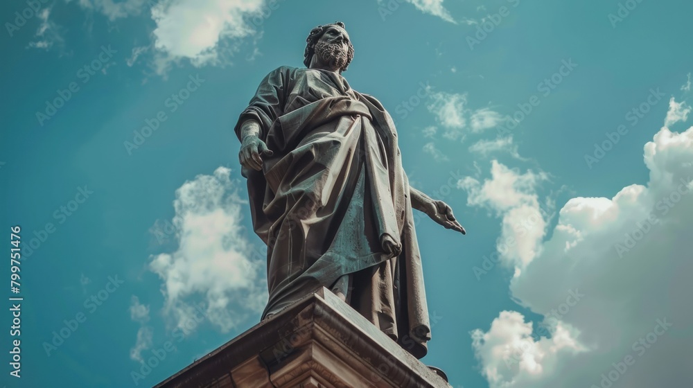 Fototapeta premium Lower angle view of a statue of a scholar against a bright blue sky background.AI generated image.