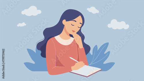 A woman closes her eyes taking a deep breath as she traces her fingers over the textured cover of her journal ready to begin her theutic journaling.